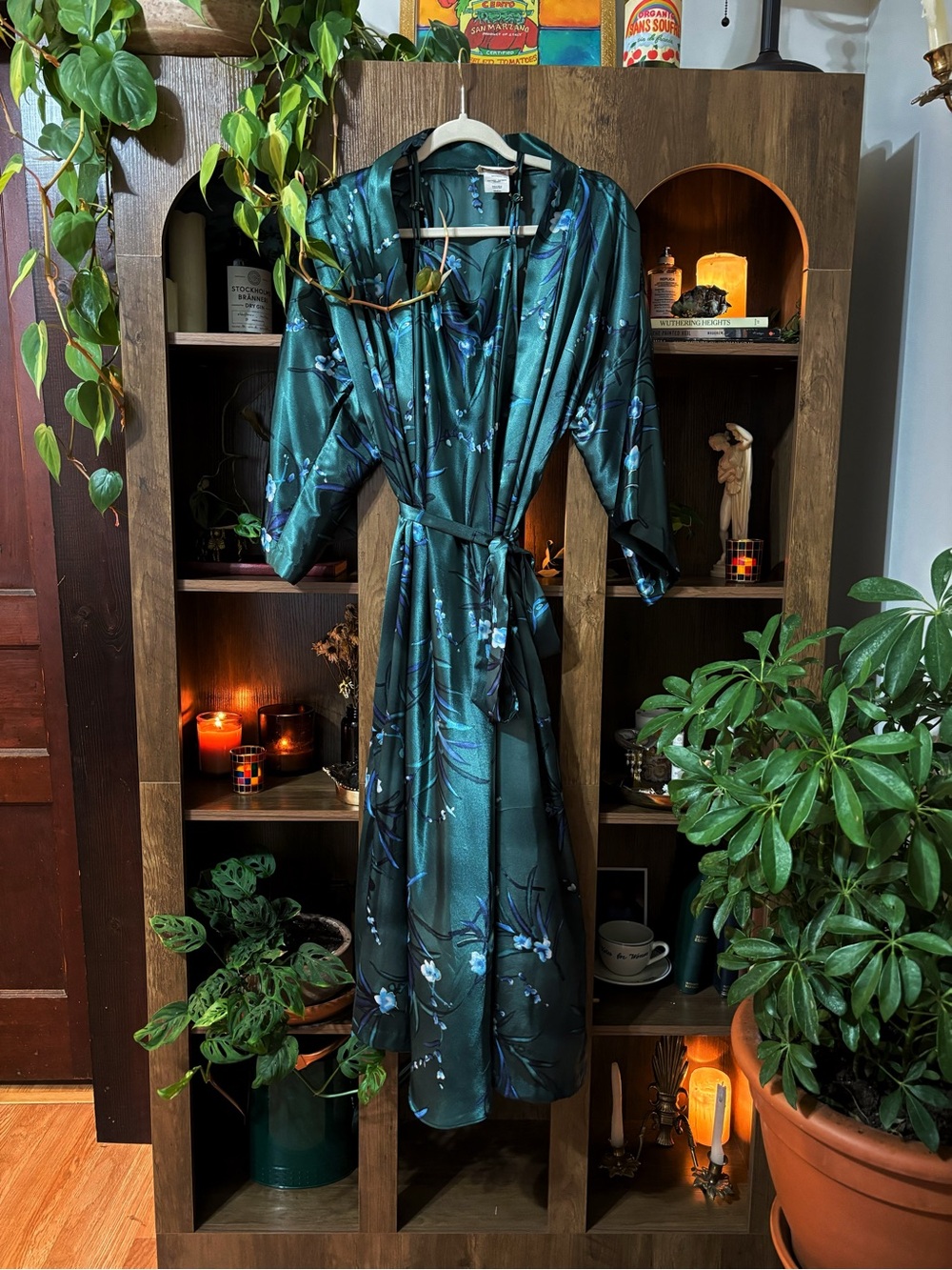 Emerald Satin Robe & Slip Dress Set | Vintage Glam Loungewear Size Medium